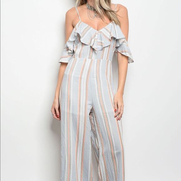 Striped Ruffle Jumpsuit Wide Leg - Picture 2 of 7
